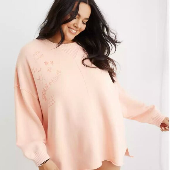 NWT Aerie Oversized After Sunset Smile + Wave Crewneck Sweatshirt Peach Size XS - Picture 1 of 6